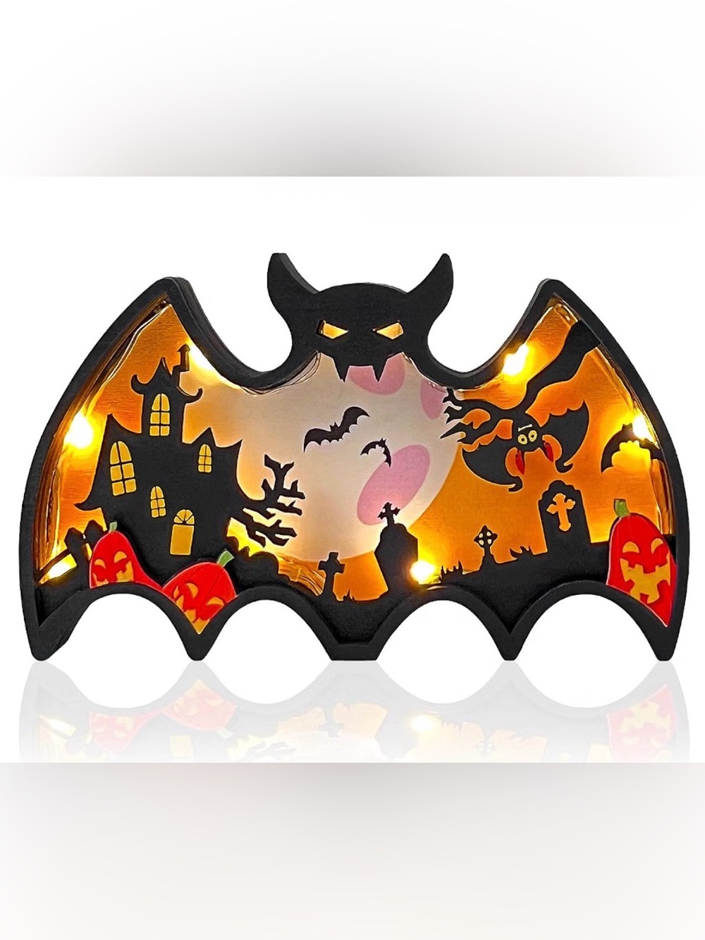 Black Bat-Shaped Halloween LED Holiday Decor - Orange Glow NWT